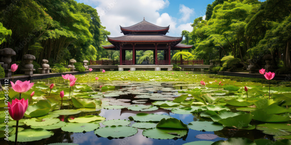 Tuinposter met Tranquil Asian Garden: A Serene Oasis of Architecture and Nature #764561112
