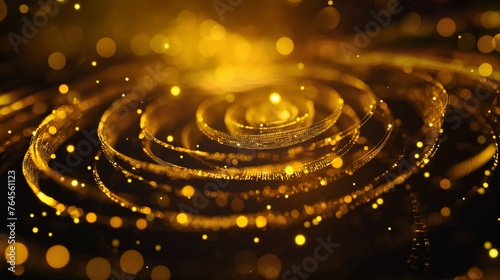 Abstract golden glitter swirl with sparkling particles.