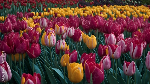 Meticulously arranged tulips in a garden create a stunning Easter scene. The vibrant flowers bloom in perfect rows  their delicate petals dancing in the gentle breeze.