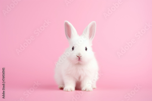 White fluffy domestic rabbit on delicate pink background © Татьяна Клименкова