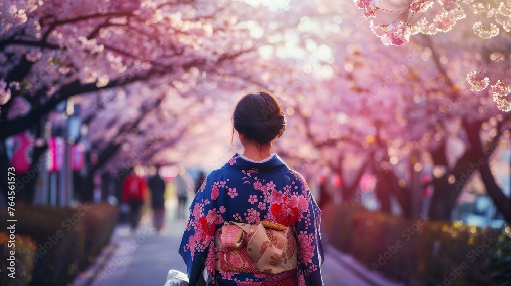  Asian woman in kimono in scenic cherry blossom garden, sakura in Japan