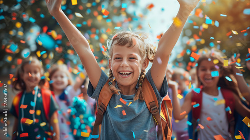 A lively group of children are throwing colorful confetti in the air, celebrating the start of the school year with excitement and laughter photo