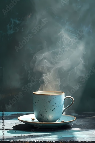 Oil painting of a cup of hot coffeet in the plaint color on a smooth surface, set against a minimalist white and grey background,art work for wall art, home decor and wallpaper  photo
