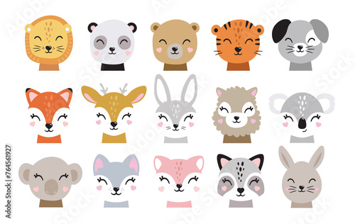 Cartoon cute baby animals for baby cards, baby shower invitation,print,poster. Vector illustration.Deer,cat, bunny,koala,llama,alpaca, raccoon,fox,unicorn, wolf,bear,lion,panda,tiger,dog,rabbit,hare