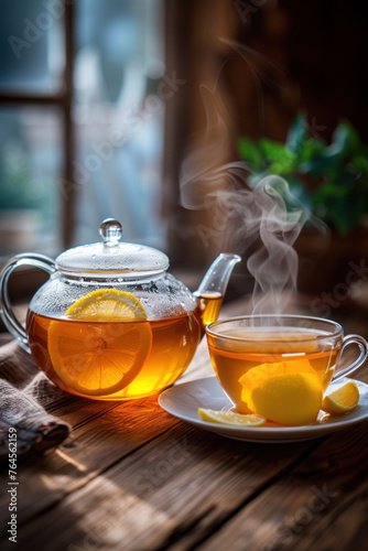 Glass teapot with brewed tea and lemon on wooden table by the window