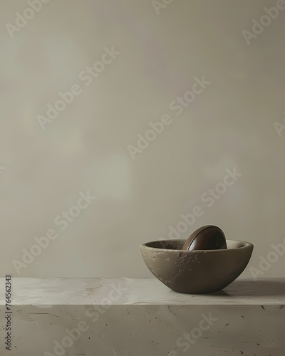 Photo of a still life wooden bowls wabi sabi decoration resting on a concrete table, art work for wall art, home decor and wallpaper 
