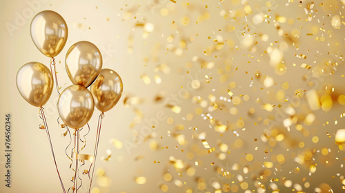 gold balloons and plain confetti background with copy space, party birthsday concept photo