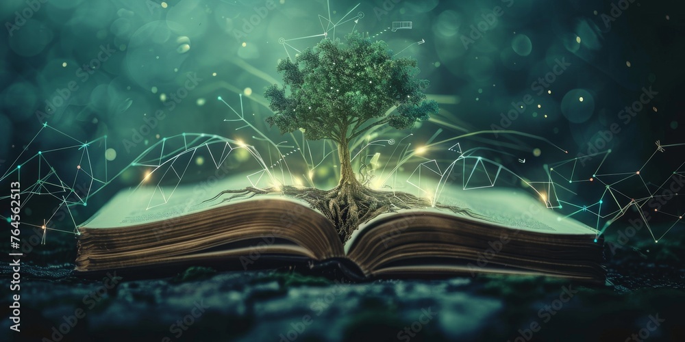 A tree is growing out of an open book - obrazy, fototapety, plakaty 