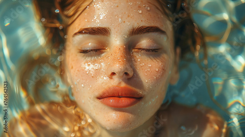 Peaceful Face Submerged In Water Reflecting Sunlight