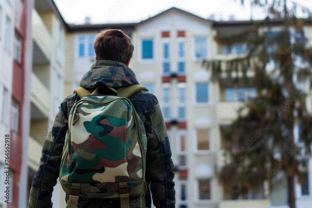student with a camo backpack walking up to the dormitory