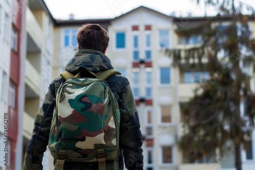 student with a camo backpack walking up to the dormitory © primopiano