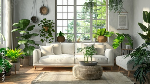 A cozy and inviting living room interior, featuring lush green houseplants