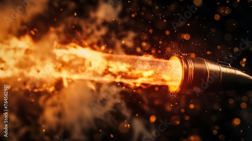 Close-up of a nozzle expelling intense fire and particles, capturing the power of combustion.