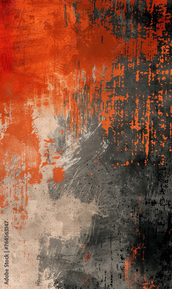 Bold orange to grey gradient with textured decay.