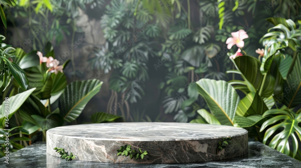 A serene scene featuring a podium made of natural stone and concrete A serene scene featuring a podium made of natural stone and concrete
