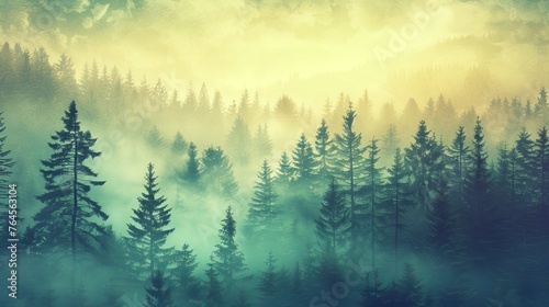 A mesmerizing misty landscape captures the serene beauty of a fir forest