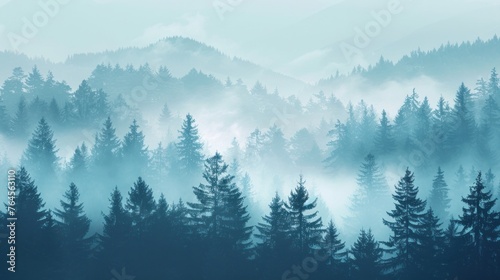 A mesmerizing misty landscape captures the serene beauty of a fir forest © Chingiz