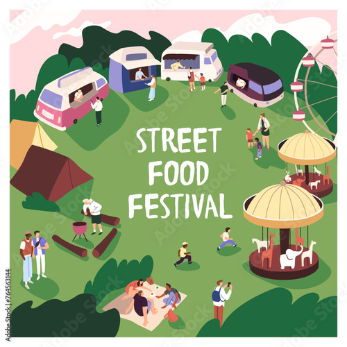 Advertisement card of open air festival. Attractions, food trucks, tent city in amusement park. Promotion of funfair event. Summer entertainment: camping, carousels. Flat vector illustration