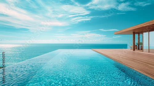 Luxury infinity pool with a wooden deck overlooking a breathtaking coastal view for the ultimate relaxation