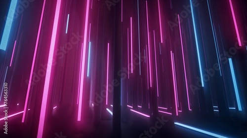 An array of vertical neon lights in a dark, mysterious space creating a futuristic and cyberpunk vibe.