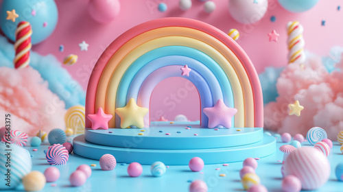 mockup empty product podium, on the background candy rainbow and other sweets, stars, bright color. Copy space for text. Concept candy shop, birthday, sweet, bakery