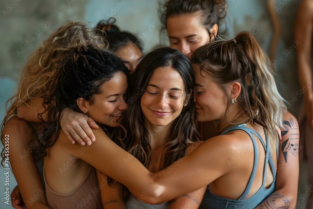 Obraz premium Diverse group of friends huddle before yoga session showing support and unity in wellness center. Concept Friendship, Unity, Wellness, Yoga, Diverse Group