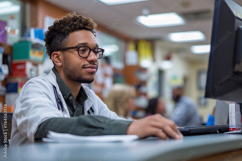 Young African American man receptionist on a computer working at his desk or table in a hospital, helps examine people for appointments. Concept healthcare workers Young African American man receptionist on a computer working at his desk or table in a hospital, helps examine people for appointments. Concept healthcare workers