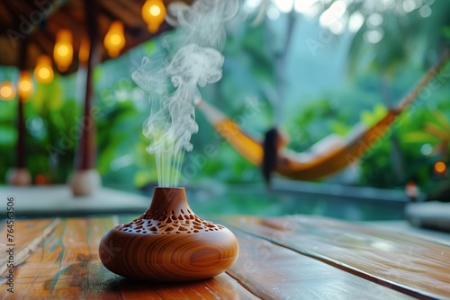 Aroma oil diffuser with steam on a wooden table in the yoga center in the villa. In the background girl lies in a hammock, minimalism, copy space. Concept aromatherapy and relaxing. Mental health photo