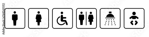 WC icons set. Toilet sign. Man, woman, mother with baby and handicapped silhouettes collection. Male and female restroom.