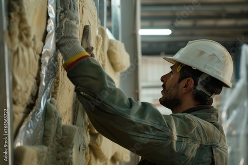 technician installing fireproof mineral wool in industrial setting