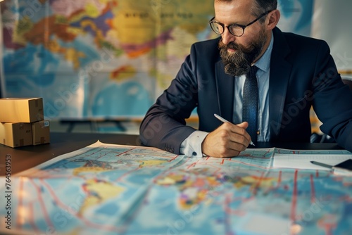 logistic manager planning shipping routes on map