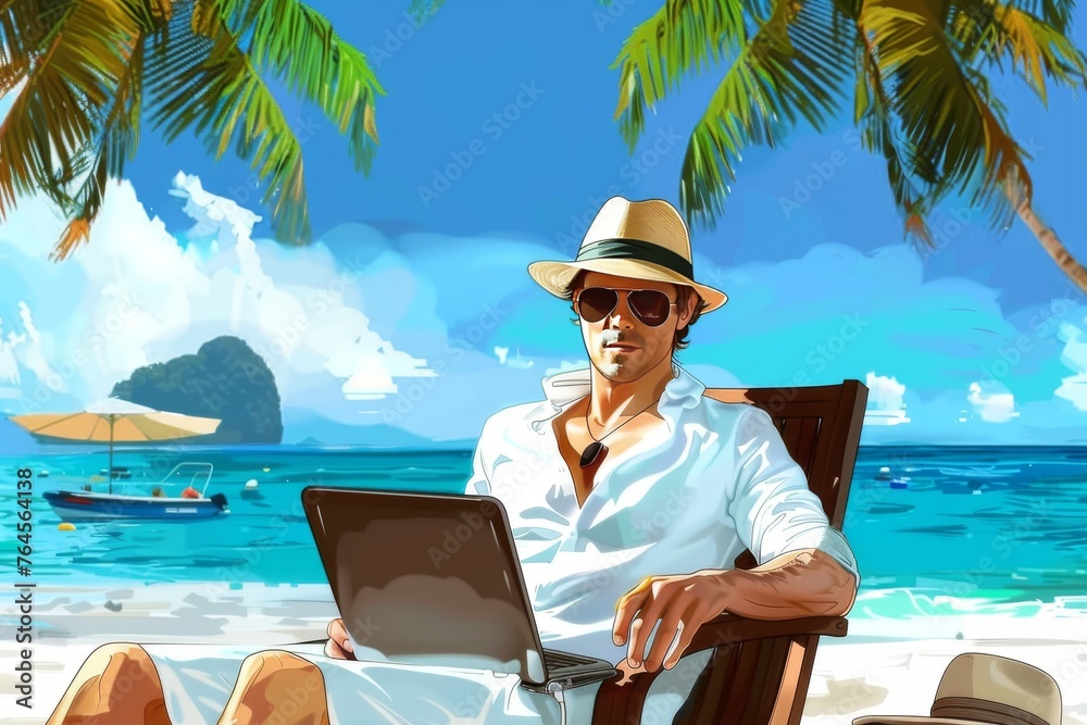 Serene Beach Office Setup: Man Finds Productivity in Paradise, Working Remotely with Laptop, Sunglasses, and Straw Hat by the Tropical Ocean