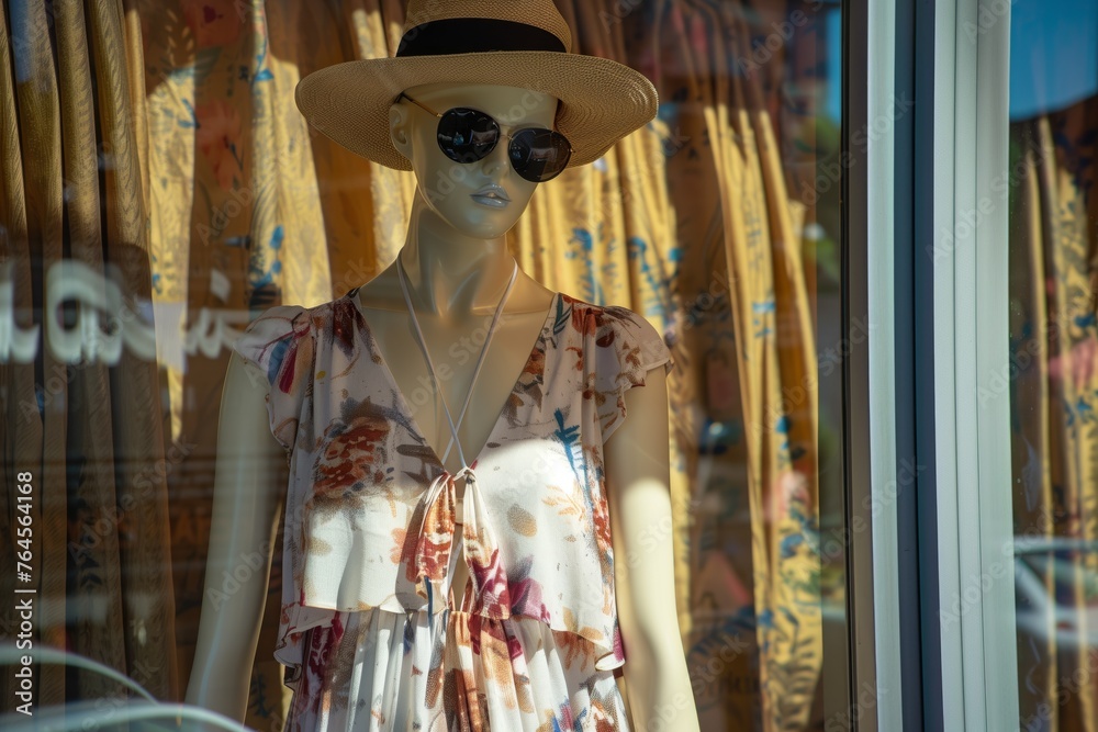 flowy summer dress on mannequin with hat and sunglasses