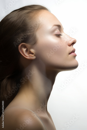 a beautiful and glamorous woman, close-up and side view, in front of a isolated white background...