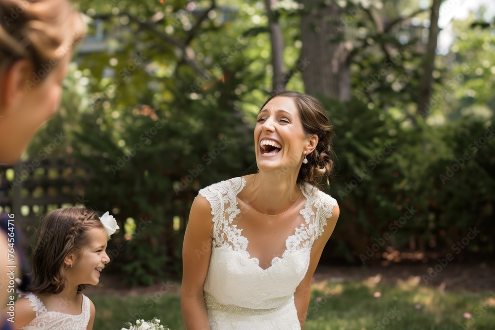 bride laughing with flower girl nearby bride laughing with flower girl nearby