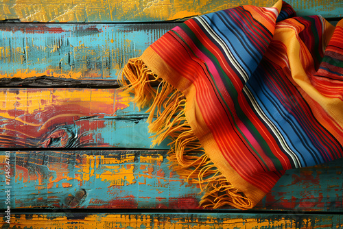 Mexican a serape blanket on bright yellow orange old  wooden background  for Cinco de Mayo holiday party celebration , top view, copy space. Fifth of May celebration concept. photo
