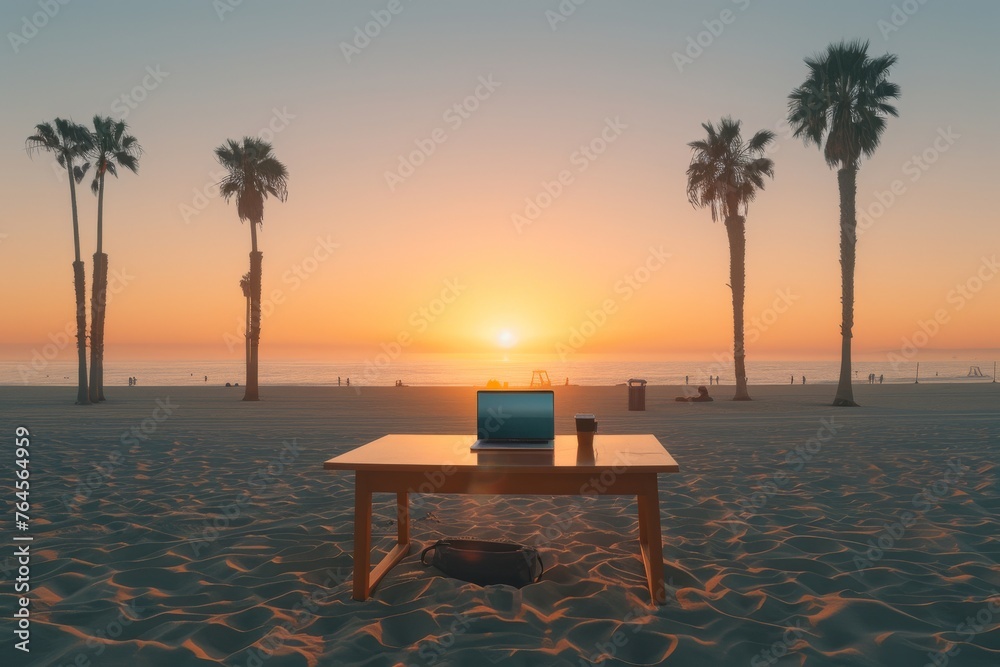 Sunrise Work Session: Individual Starts the Day with Remote Work on the Beach, Embracing the Serenity of Dawn in a Tropical Setting