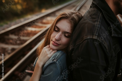 woman resting head on mans shoulder by train tracks