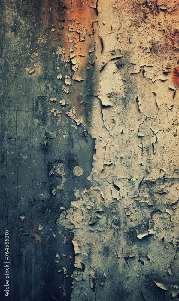 Vibrant abstract grunge texture with layers of peeling paint on an aged surface.