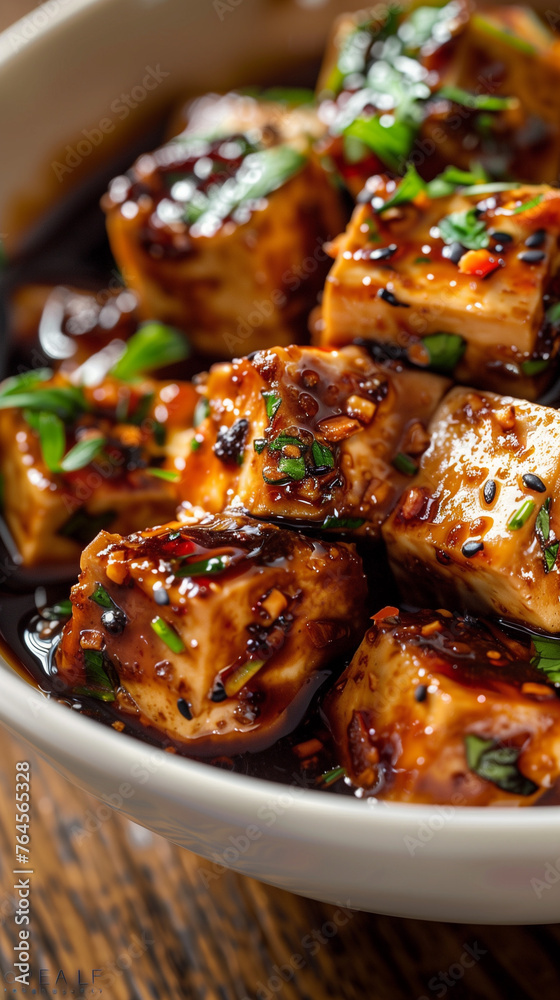 Tofu cubes marinating in a bowl with soy sauce and herbs Tofu cubes marinating in a bowl with soy sauce and herbs