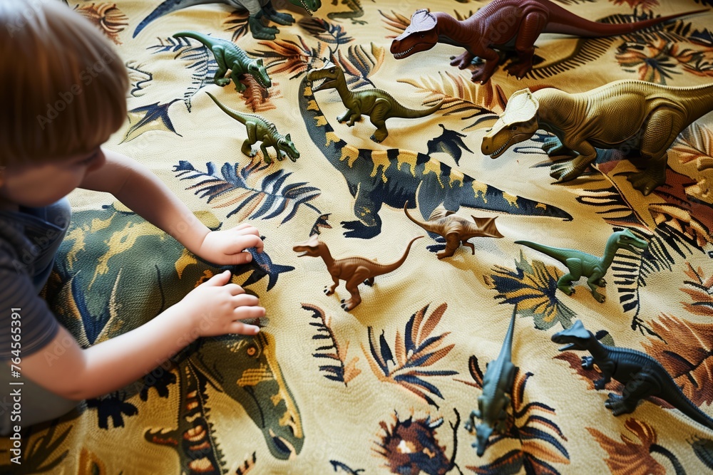 child playing on rug with dino pattern, toy dinosaurs scattered - obrazy, fototapety, plakaty 