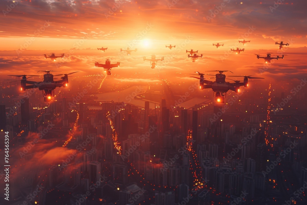 A squadron of unmanned aerial vehicles patrols over the evening city - obrazy, fototapety, plakaty 