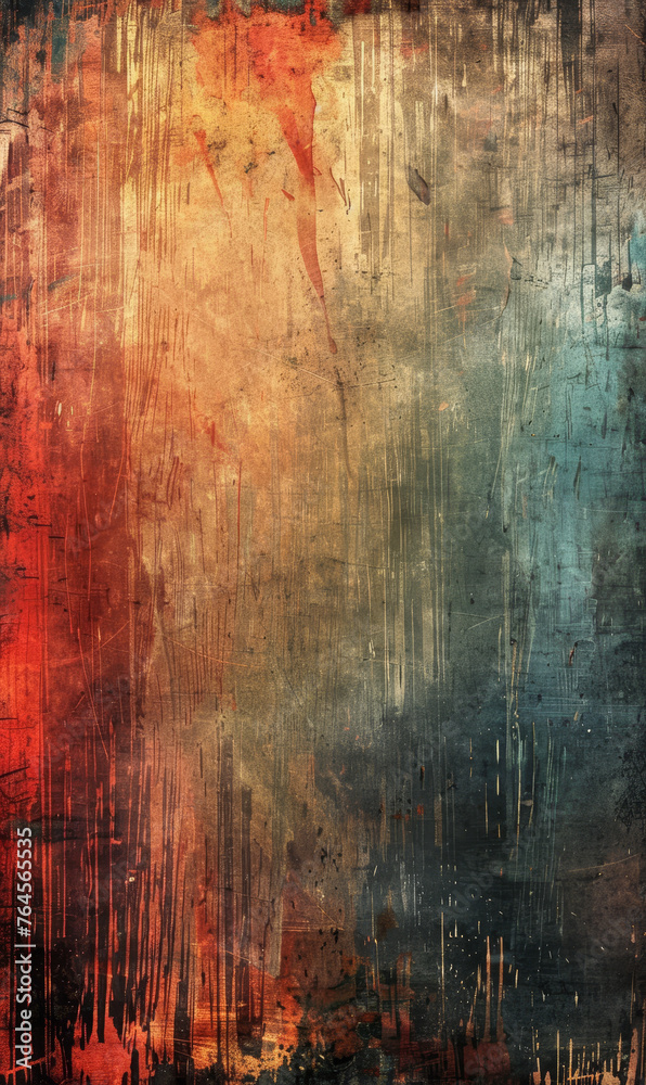 A vibrant abstract canvas with fiery red and orange streaks creating a bold, grungy texture.