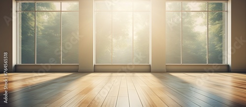Capturing a detailed view of a room featuring a wooden floor and a generously sized window
