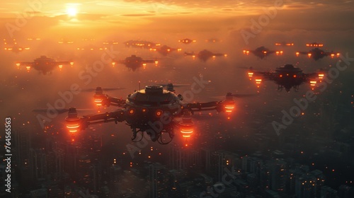 A squadron of unmanned aerial vehicles patrols over the evening city