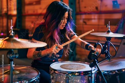 female with dyed hair playing drums in a band rehearsal