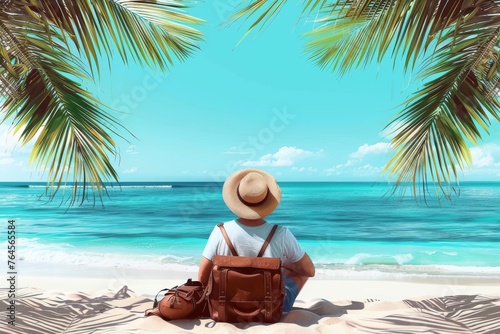 Illustration of a Man's Sunny Day Remote Work at a Tropical Beach: Blending Digital Nomad Lifestyle, Connectivity, and Paradise Serenity
