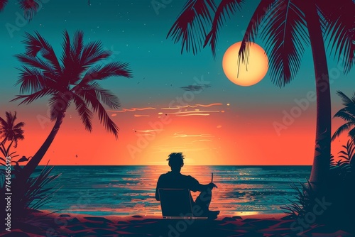 Illustrated Sunset Remote Work: Man's Digital Nomad Lifestyle on a Beach with Tropical Vibes - Creative Serenity, Connectivity, and Scenic Views © Leo
