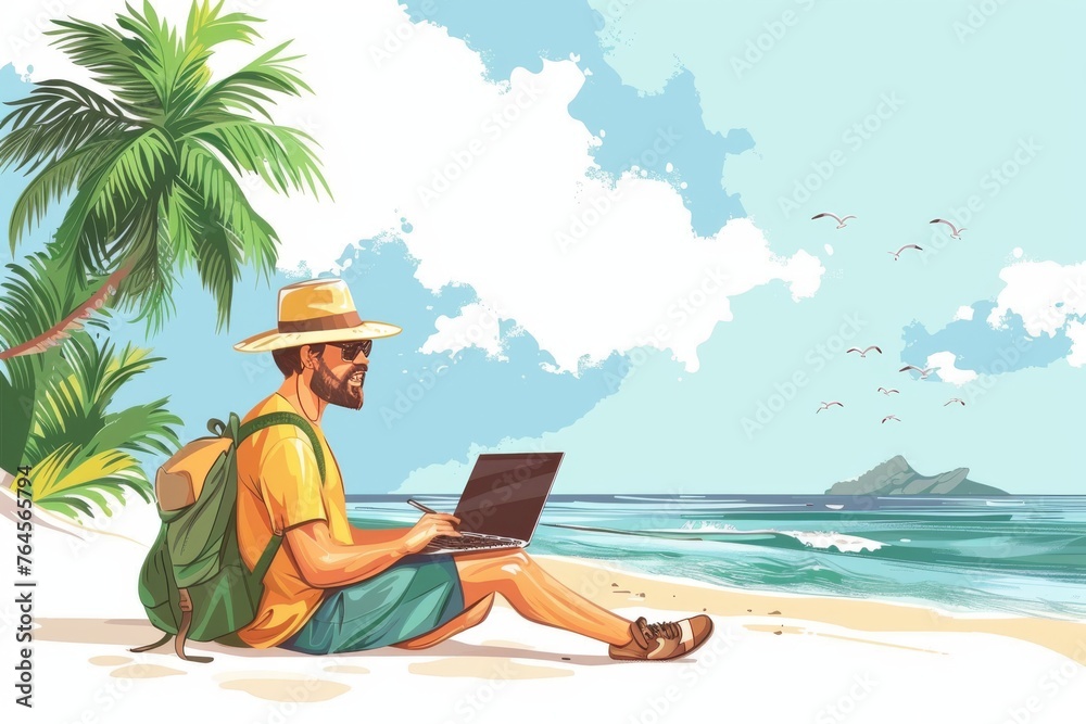 Man's Guide to Tropical Remote Work: Embracing the Digital Nomad Lifestyle with Sun Hats, Sandy Beaches, and Serene Ocean Views for Ultimate Relaxation