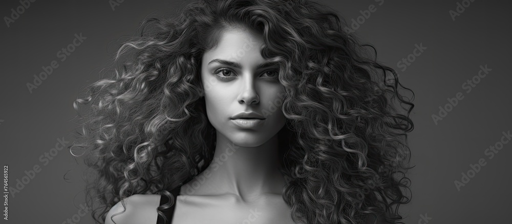 Fototapeta premium An image featuring a detailed view of a woman's upper body with long, curly hair, dressed in a bra